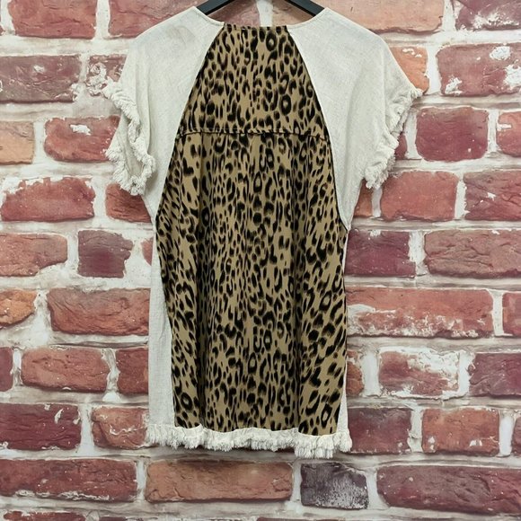 UMGEE WOMEN'S CREAM & BROWN MULTICOLOR LEOPARD ANIMAL PRINT FRINGE BLOUSE - Picture 3 of 7